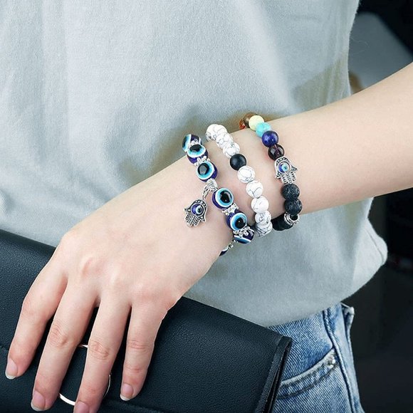 Evil Eye Bracelets Chakra Bracelet Crystals Initial Bracelets Set  UNISEX - Picture 3 of 3